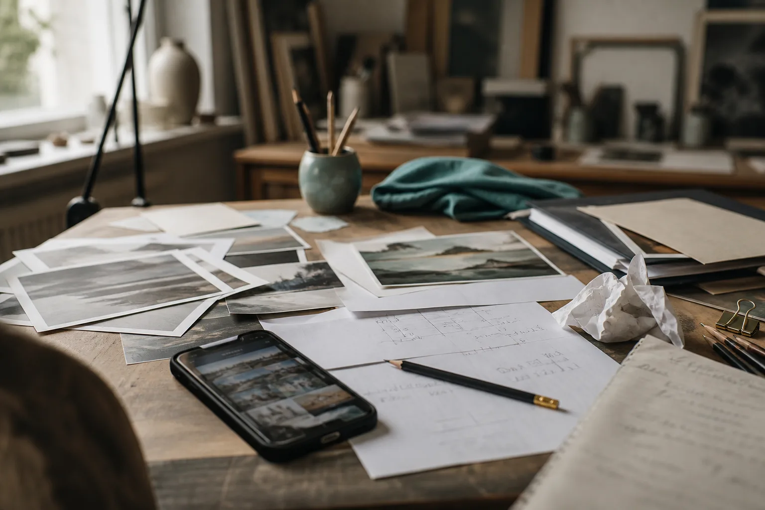 Studio desk with scattered photos and notes without a system