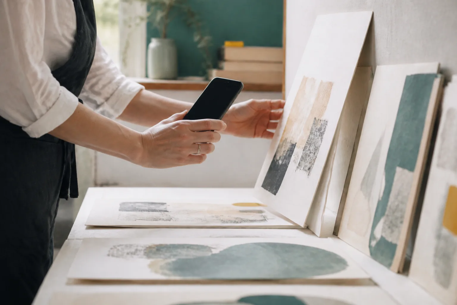 Artist with artworks in the studio preparing a catalog