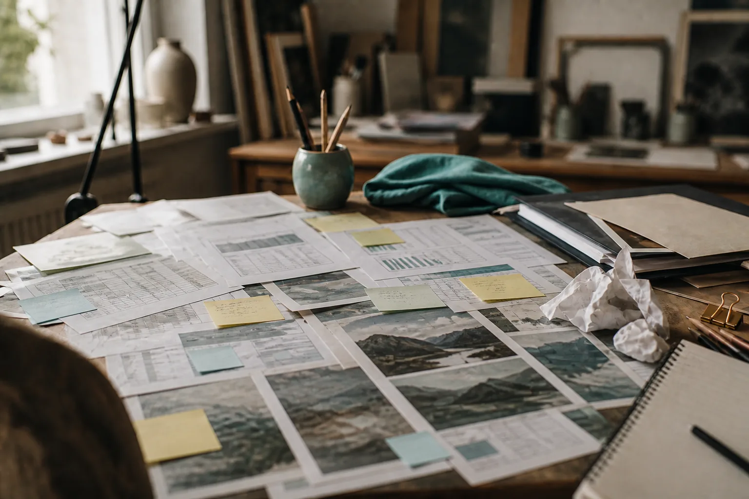 Papers and artwork photos without a clear visual catalog