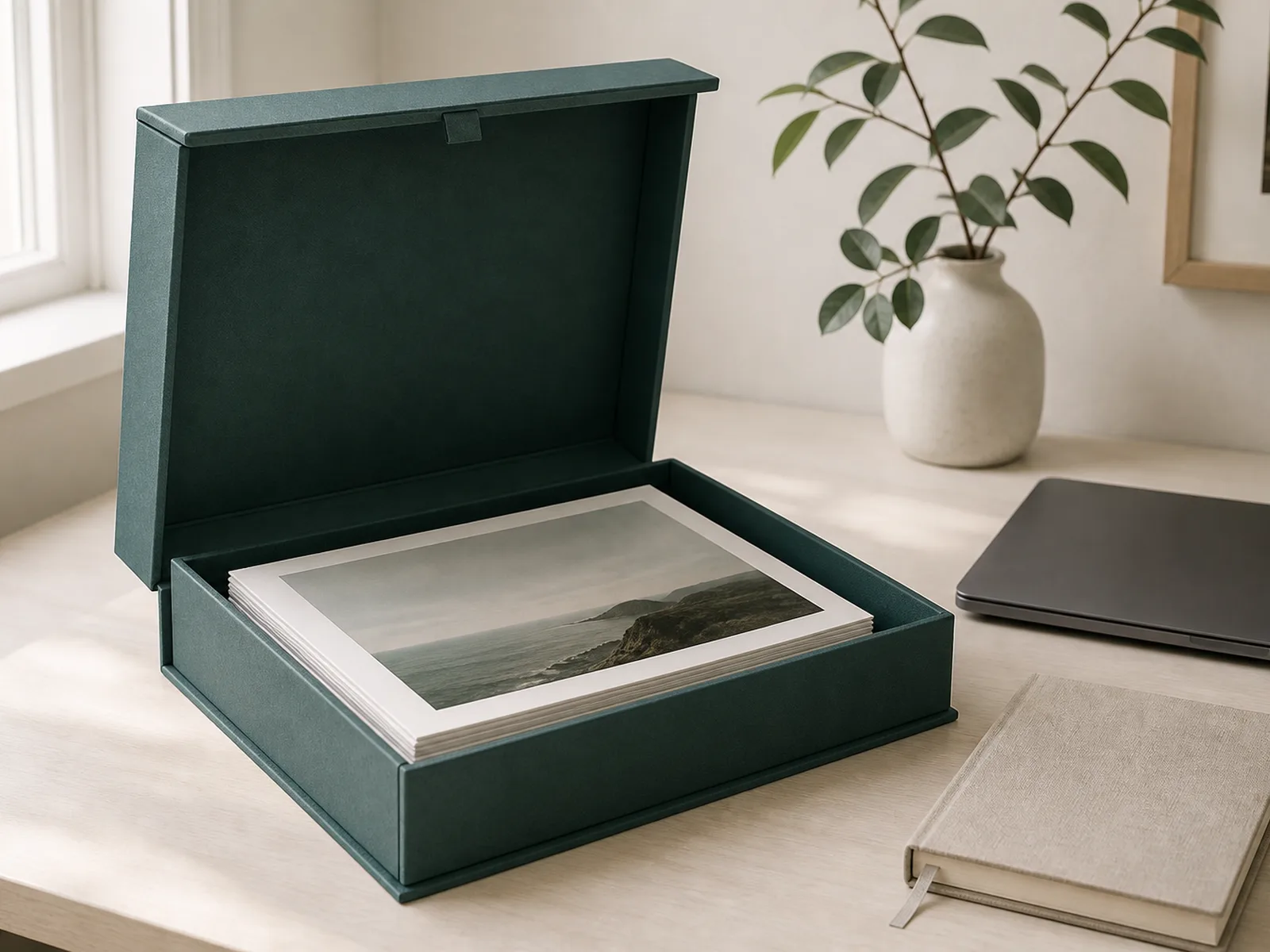 Simple photographic archive with a closed laptop and notebook