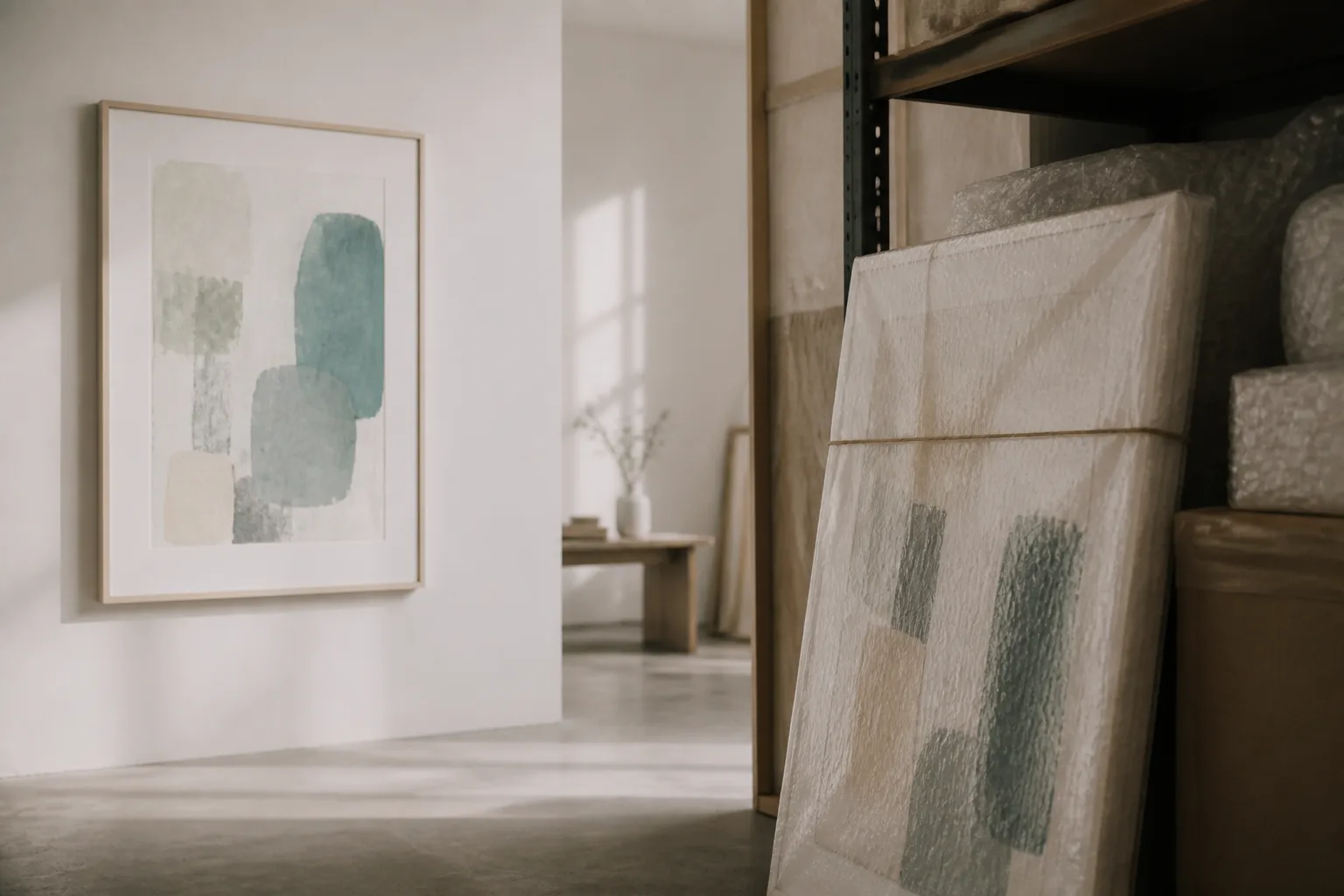 Displayed artwork versus stored pieces in the studio