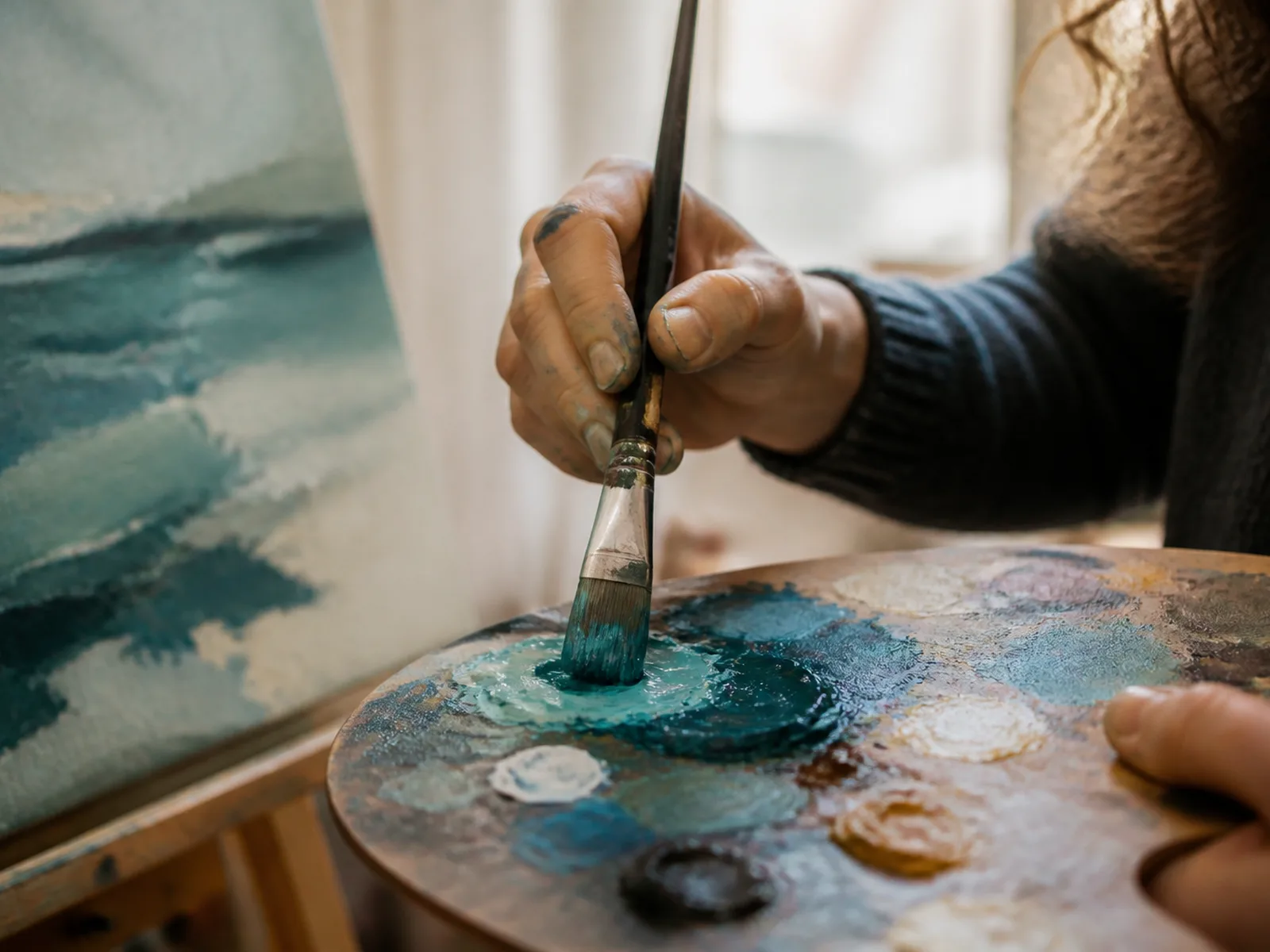 Hands painting layers in the studio