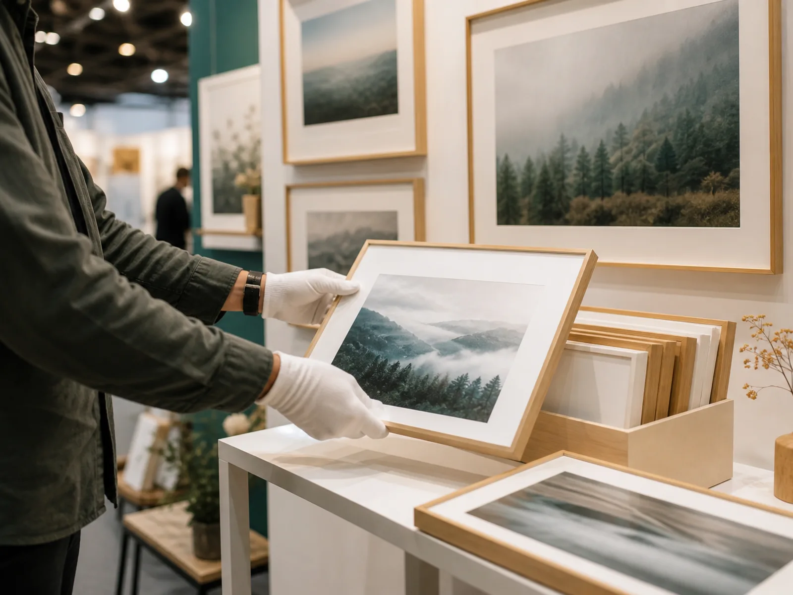 Selecting prints at a photography fair