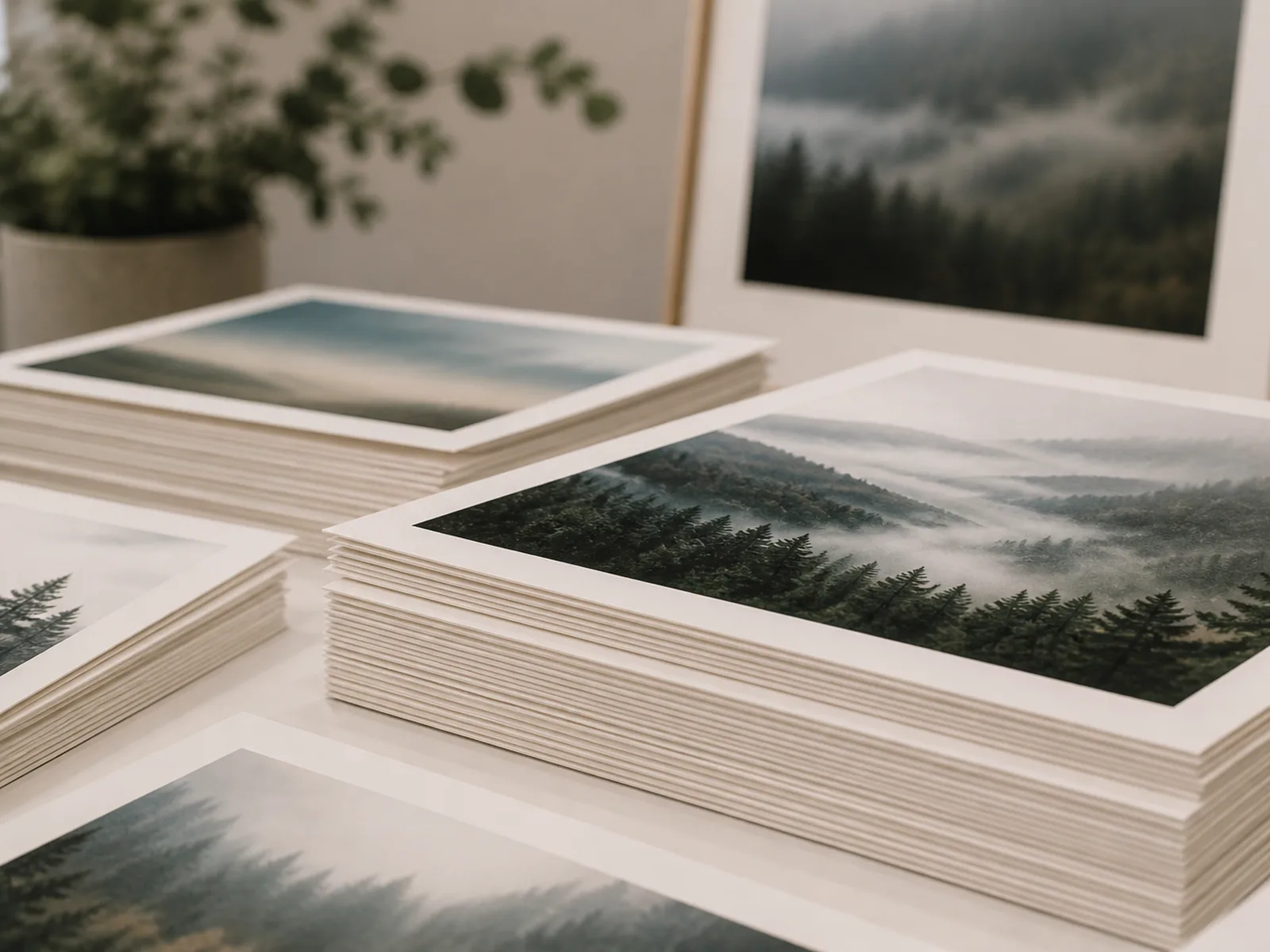 Stack of fine art photographic prints on a table