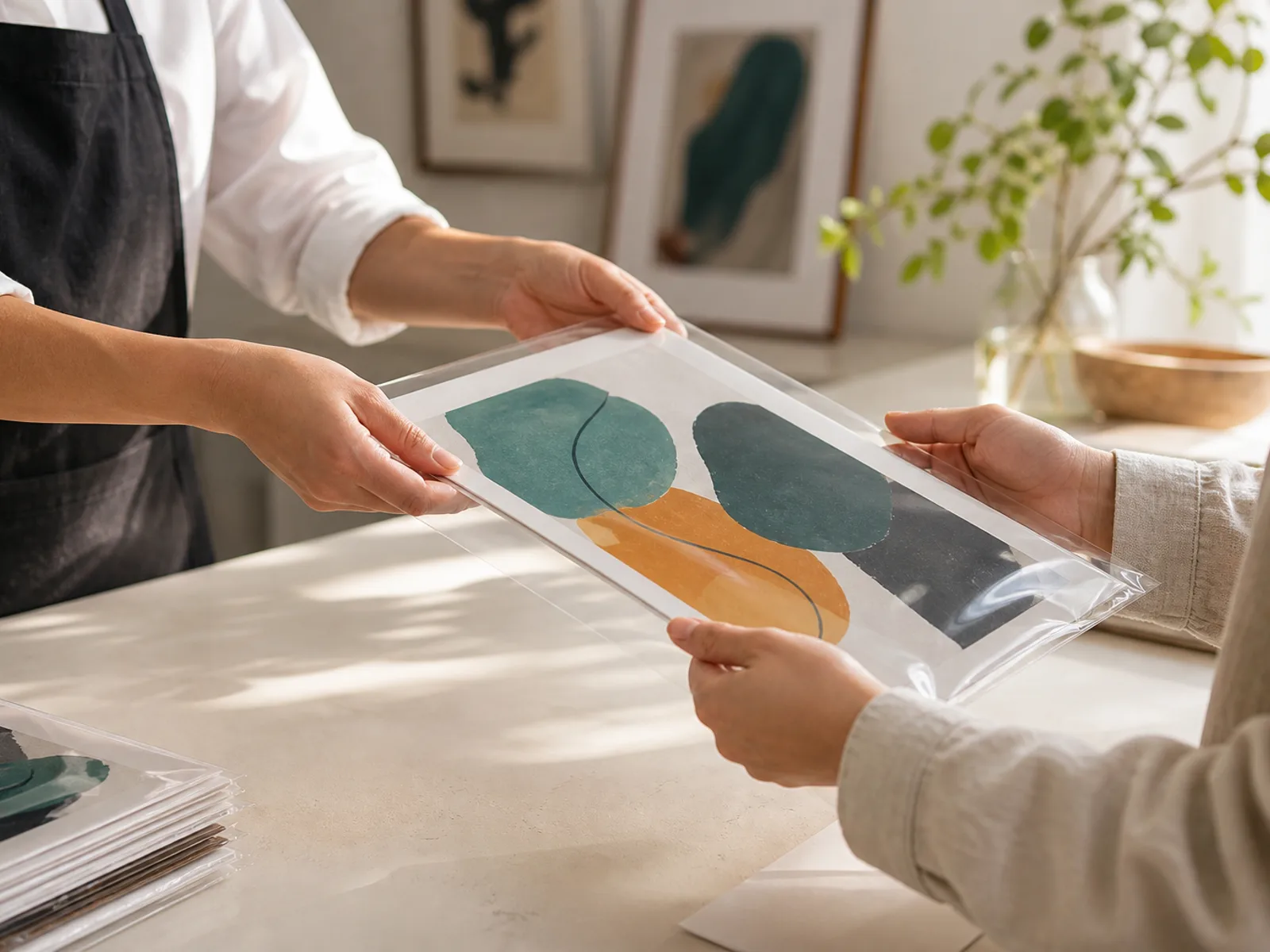 Handoff of a print in transparent packaging after a sale